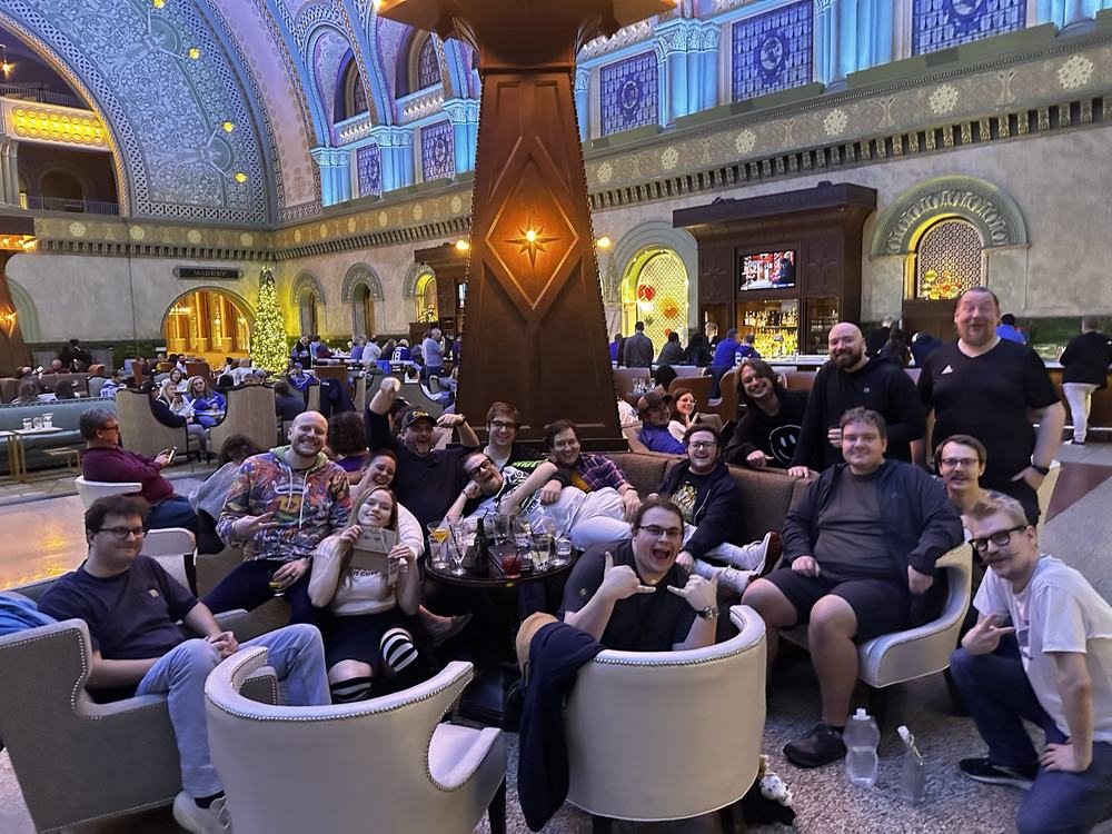 The full Hobocon group posed together in the Grand Hall of the St. Louis Union Station Hotel, under the vaulted mosaic ceiling